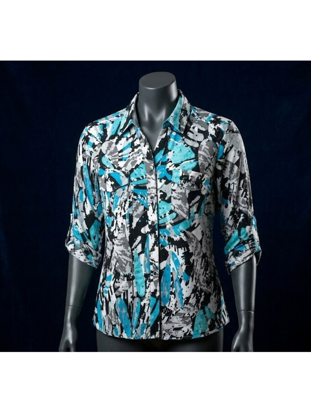 Emily Daniels Teal & Gray Abstract Splatter Button-Front Blouse | Size M